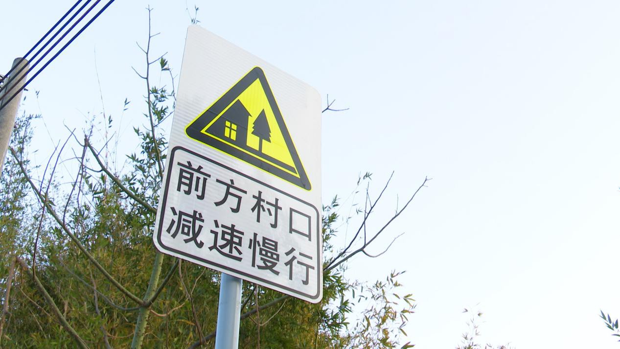 标柱一组村庄警告标志一组停车让行标志一组减速标线记者打探了一下