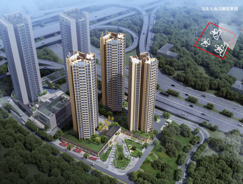 项目效果图围合式"蝶"形塔楼布局,超宽楼间距,空间通透,景观视野最